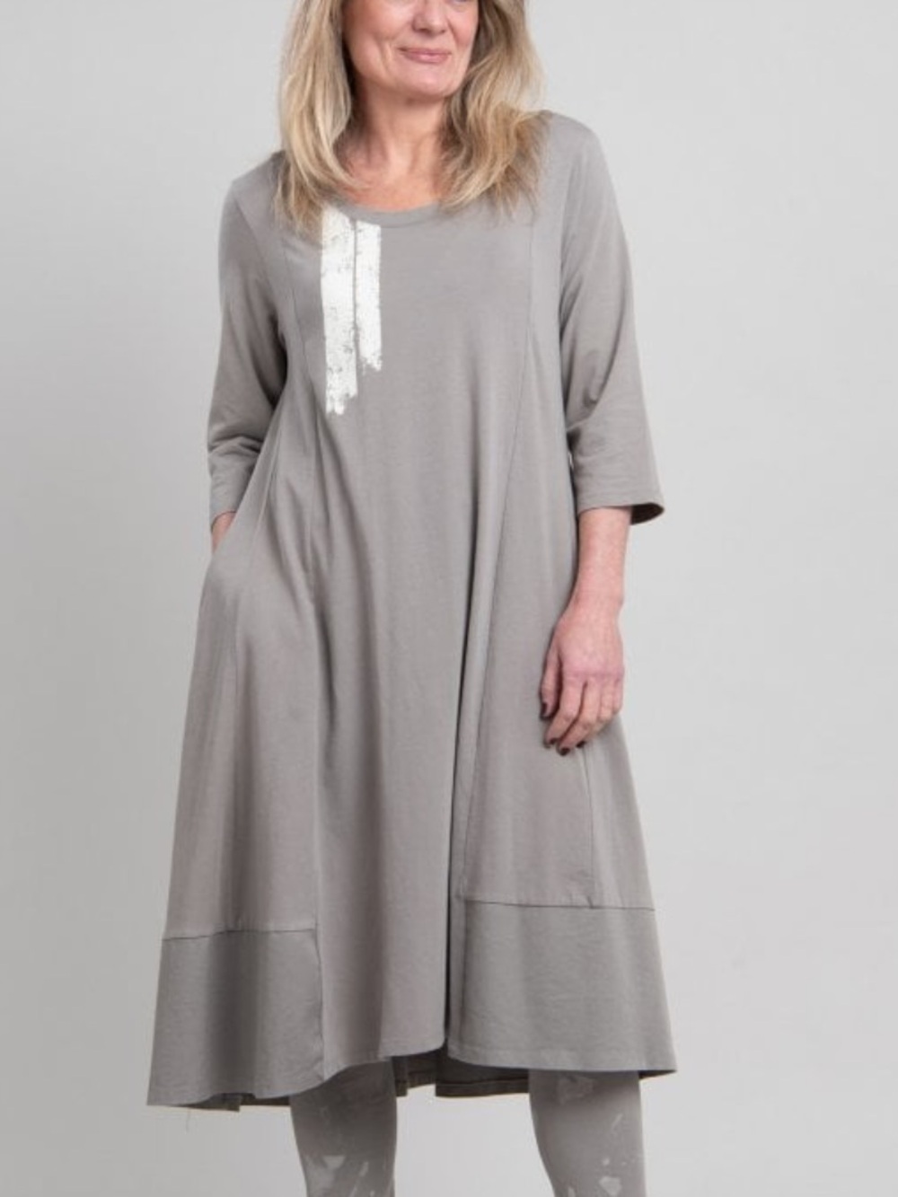 Luukaa Stone Grey A-Line Midi Dress with Abstract Accent